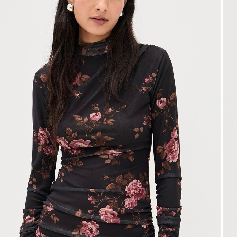 Reformation Black Mock Neck Long-Sleeve Top with Pink Floral Print
